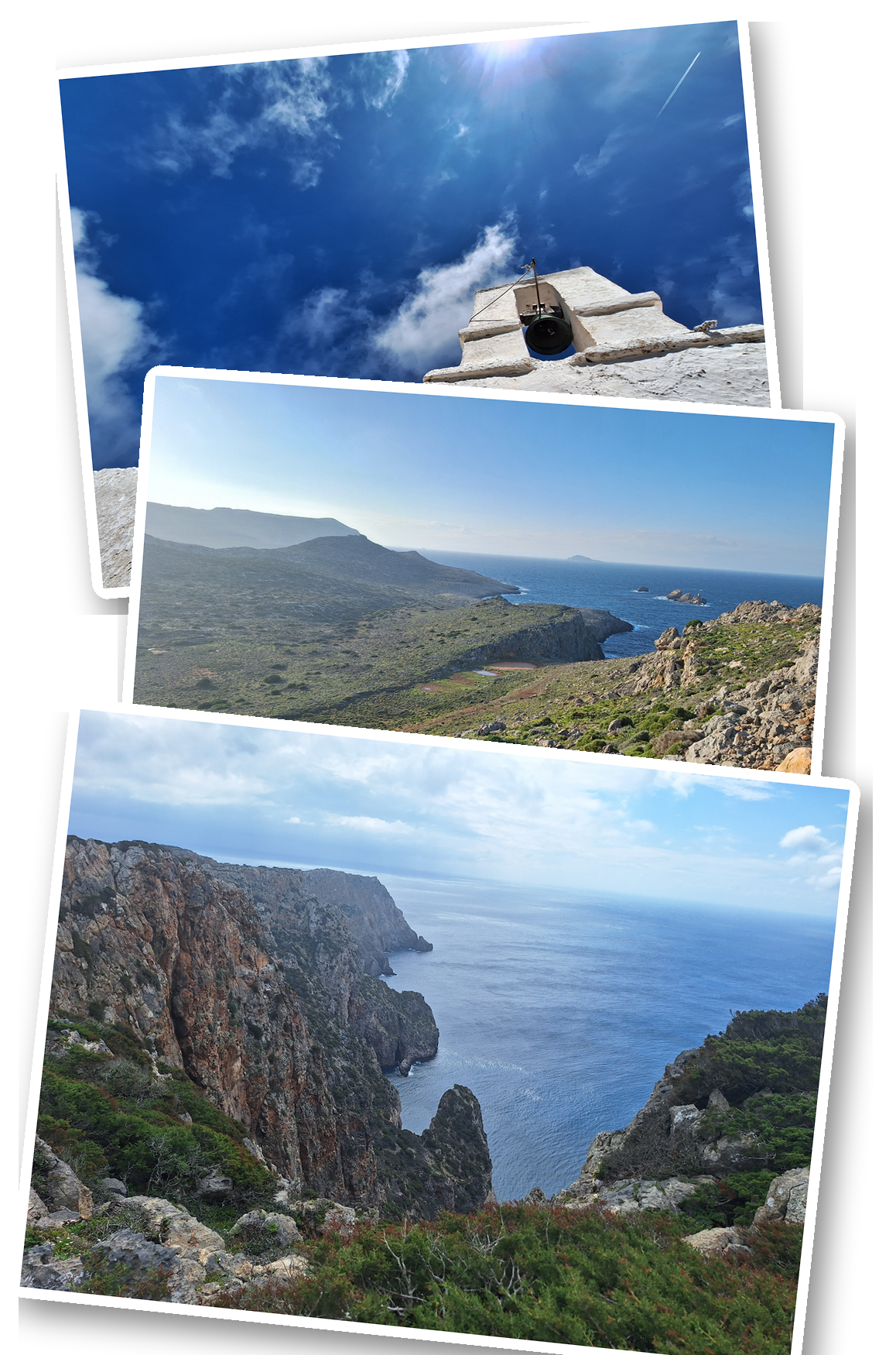 Views from Antikythira: coastal cliffs and the historic Antikythira Bird Observatory bell tower